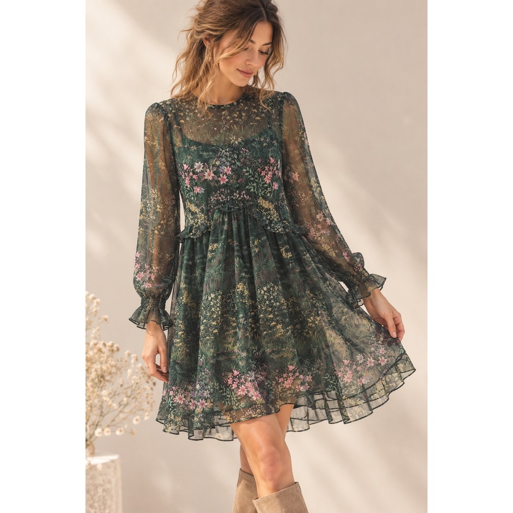 Ted Baker Sorella Diamond Sheer Floral Mini Dress Green Pink Size 2